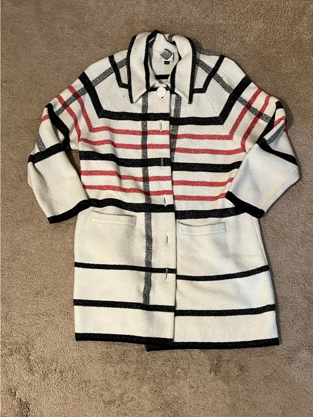 CAbi Cream Teddy Jacket with Black & Red Stripes